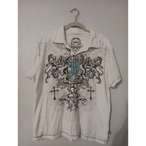 Modern Culture Polo Shirt Men's Sz. M White  w/ Black Stitching Lion Cross